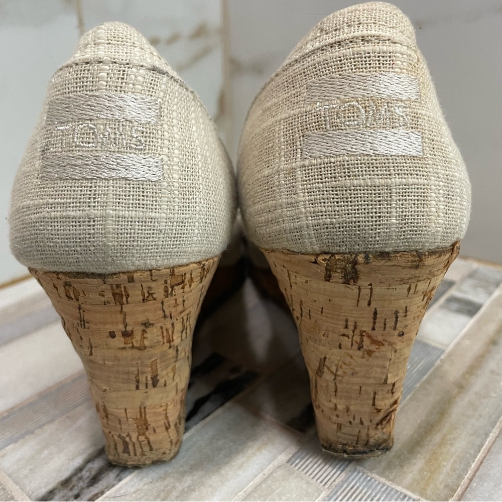 TOMS Stella Cork Wedge Sandals Womens Oatmeal Woven Open Toe Slip On Size 9 - Picture 5 of 16